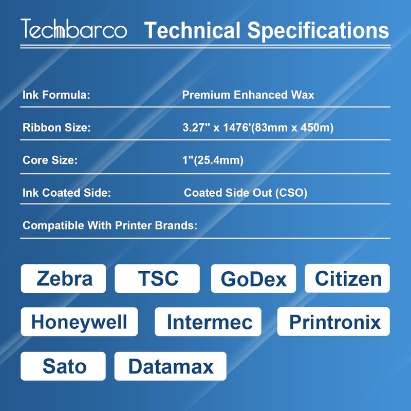 Techbarco Store 6 Rolls 3.27" x 1476' Premium Enhanced Wax Thermal Transfer Ribbon, 83mm x 450m Black Industrial Barcode Label Printer Ribbon - Compatible with Zebra, TSC, GoDex, Citizen, 1" Core - Image 3